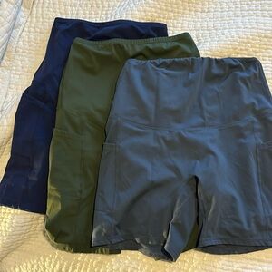 Bundle of maternity, bike shorts, gray, blue, and green
